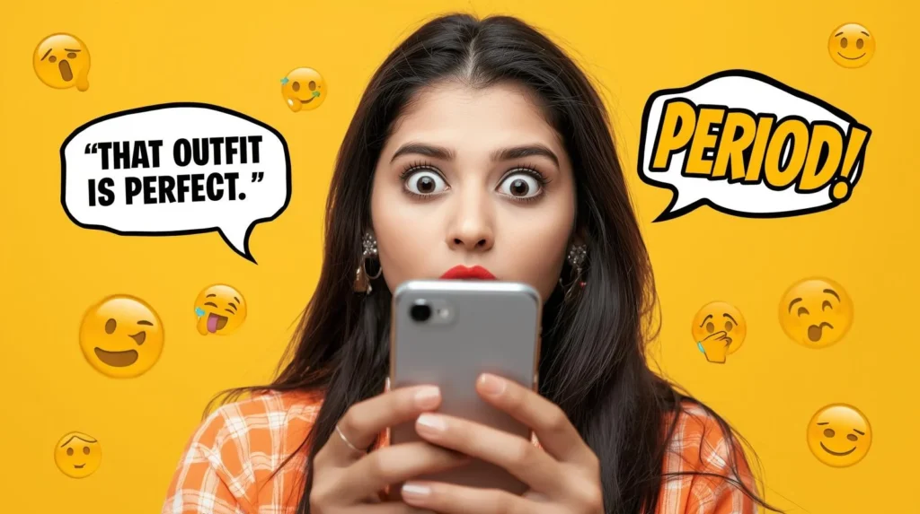 Surprised woman looking at her phone with meme-style speech bubbles saying “That outfit is perfect.” and “PERIOD!” on a bright yellow background with emojis, illustrating the slang meaning of “period” as strong agreement in texting.