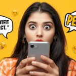 Surprised woman looking at her phone with meme-style speech bubbles saying “That outfit is perfect.” and “PERIOD!” on a bright yellow background with emojis, illustrating the slang meaning of “period” as strong agreement in texting.