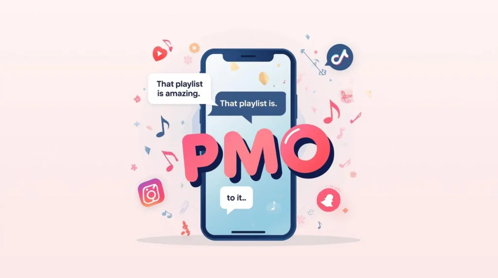 Illustration of a smartphone chat with the slang term “PMO” highlighted, showing a conversation about recommending a playlist, with social media and music icons around the phone.