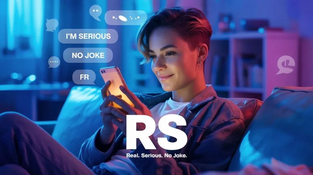 Young person smiling while texting on a smartphone in a neon-lit room, with chat bubbles showing “I’m serious,” “No joke,” and “FR,” and bold text “RS – Real. Serious. No Joke.”