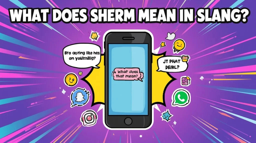 Gen Z–style colorful illustration showing a smartphone with a chat message about someone “acting like he’s on sherm” and another message asking “What does that mean?”, surrounded by emojis and social media icons representing internet slang in texting.