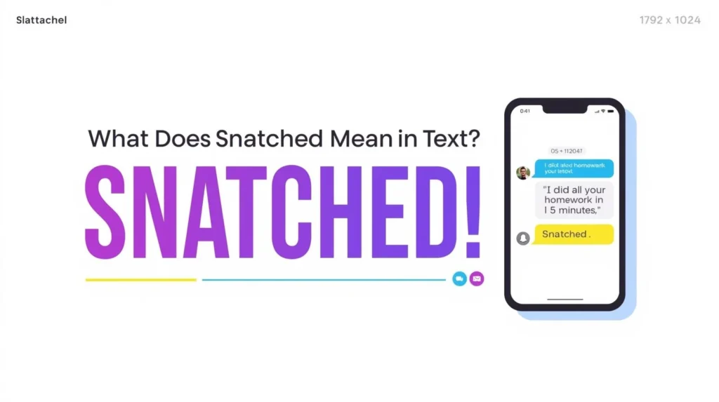 A clean graphic with the title “What Does Snatched Mean in Text?” and large purple text reading “SNATCHED!” beside a smartphone illustration showing a chat message where someone replies “Snatched.”