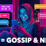 Young woman smiling while texting on her phone, surrounded by colorful chat bubbles saying “spill the tea” and “what’s the tea,” illustrating that “tea” means gossip and news in slang.