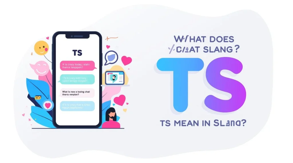 Illustration of a smartphone with chat messages labeled “TS” surrounded by emojis and social icons, next to large gradient text “TS” and the headline “What Does TS Mean in Slang?” explaining the texting slang meaning of TS.