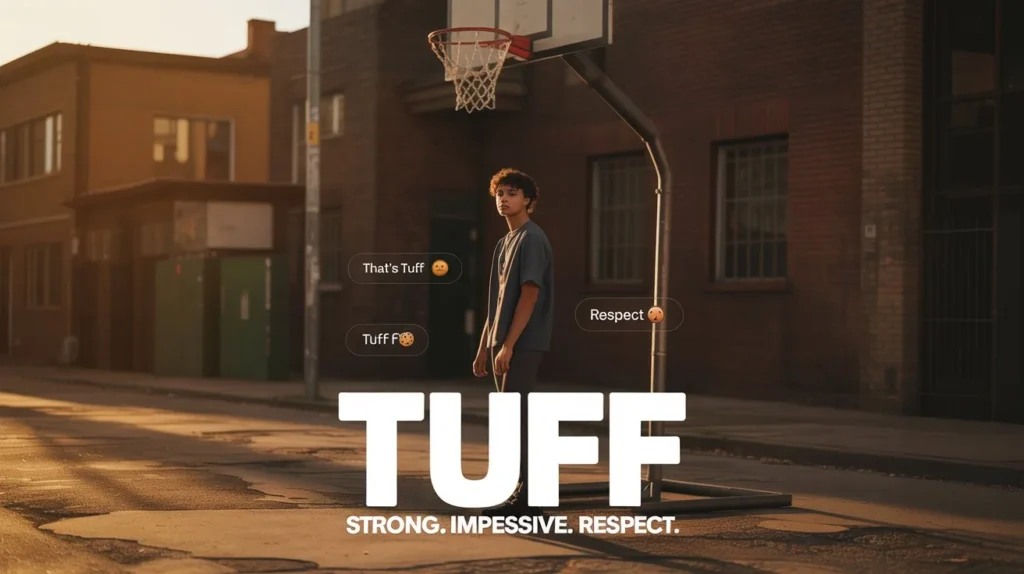 oung person standing confidently on a sunlit street basketball court with warm golden-hour lighting, with text overlays reading “TUFF – Strong, Impressive, Respect” and chat bubbles like “That’s tuff” and “Respect,” illustrating the slang meaning of “tuff.”