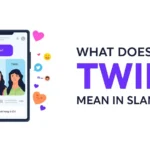 Smartphone chat illustration showing two friends saying “Same” and “Twin behavior!” with emojis and hearts, next to the headline “What Does Twin Mean in Slang?” explaining the slang meaning of twin as someone very similar to you.