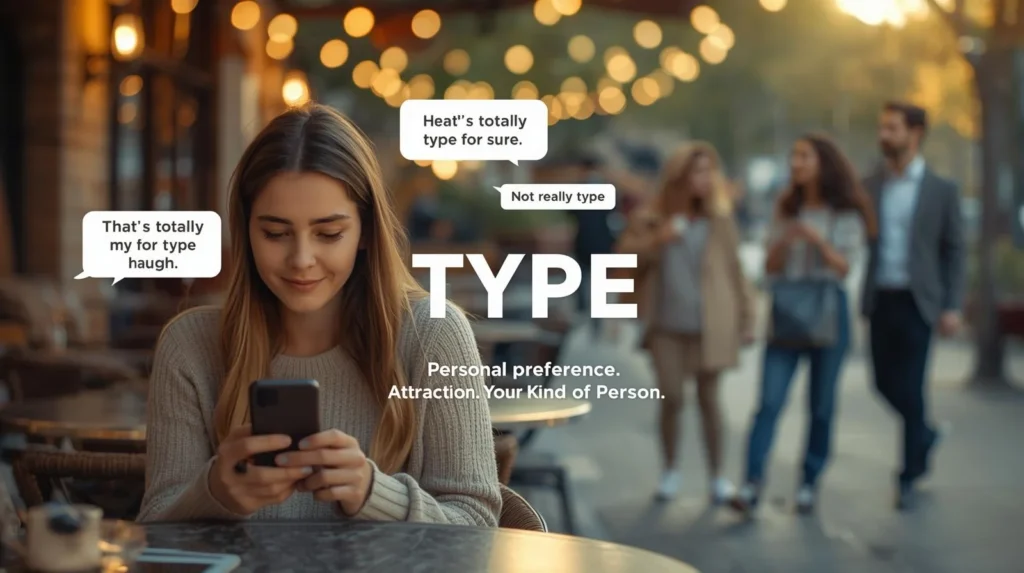Young woman texting on her phone at an outdoor café with chat bubbles discussing “type,” illustrating what does type mean in slang as personal attraction or preferred kind of person in modern texting conversations.
