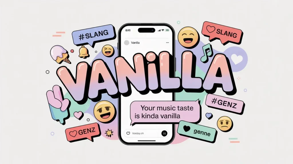Colorful illustration with the word “VANILLA” in large playful letters above a smartphone chat message that says “Your music taste is kinda vanilla,” surrounded by emojis, Gen Z tags, and slang icons representing internet culture.