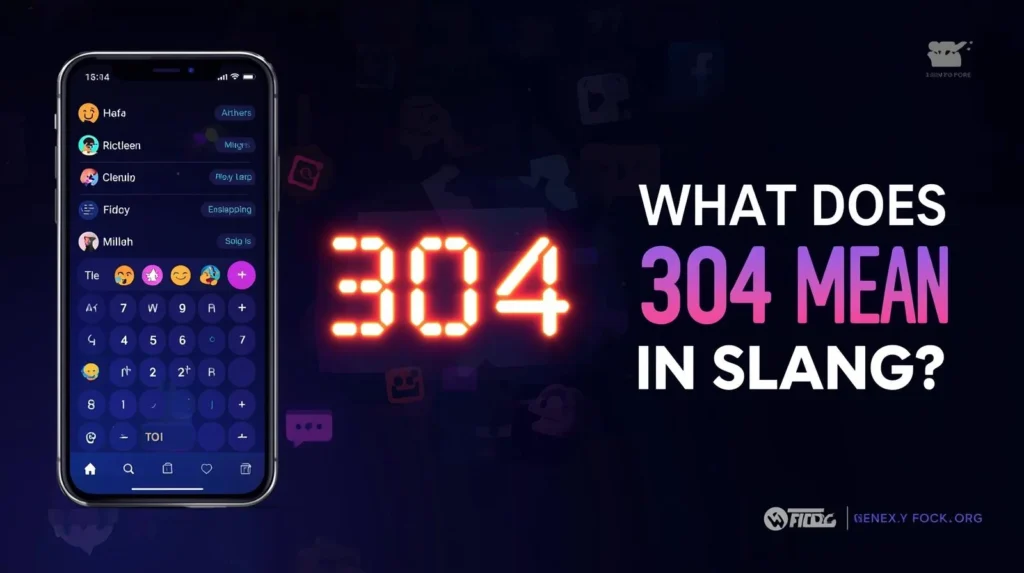 Smartphone with a chat interface on a dark background next to glowing digital numbers “304” and the headline “What Does 304 Mean in Slang?” representing the internet slang term 304 used in social media conversations.