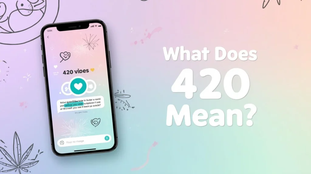 Smartphone displaying a chat message “420 vibes” on a soft pastel gradient background with doodles, emojis, and the text “What Does 420 Mean?” in a clean, modern style.