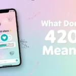 Smartphone displaying a chat message “420 vibes” on a soft pastel gradient background with doodles, emojis, and the text “What Does 420 Mean?” in a clean, modern style.