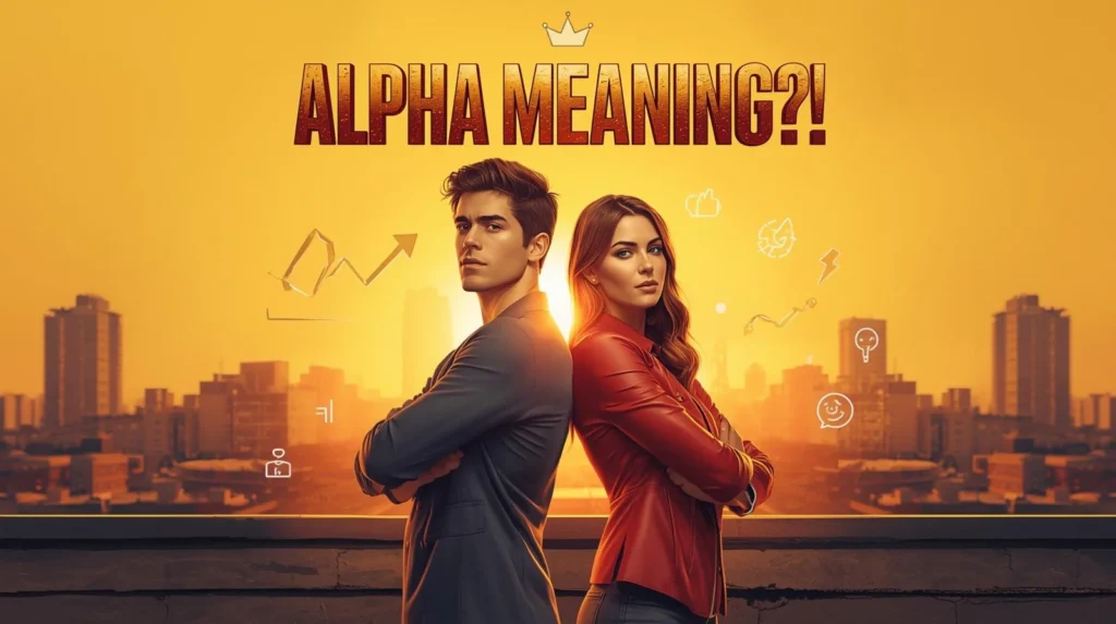 Confident young man and woman standing back-to-back on a city rooftop at sunrise with arms crossed, bold headline “ALPHA MEANING?!” above them, symbolizing leadership, confidence, and alpha personality slang in modern online conversations.