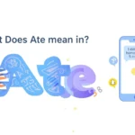 Illustration explaining the slang meaning of “ate” in texting, showing a smartphone chat where someone says “I did all my homework in 5 minutes” and receives the reply “ATE,” representing praise for doing something very well.