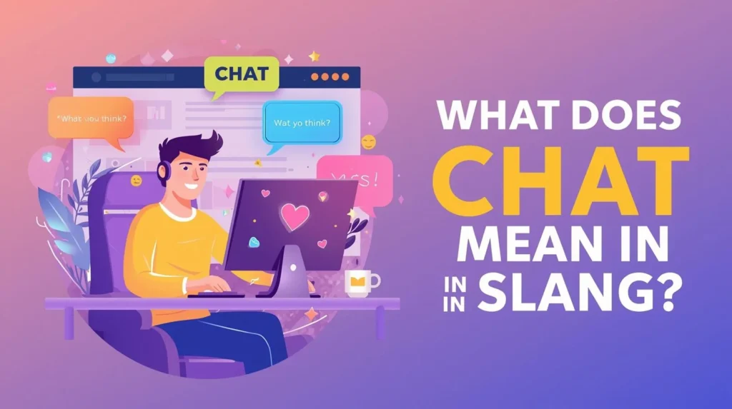 Illustration of a person sitting at a computer with colorful chat bubbles and live comments appearing on the screen, alongside the headline “What Does Chat Mean in Slang?” representing how “chat” refers to an online audience or group in internet slang.