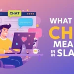Illustration of a person sitting at a computer with colorful chat bubbles and live comments appearing on the screen, alongside the headline “What Does Chat Mean in Slang?” representing how “chat” refers to an online audience or group in internet slang.