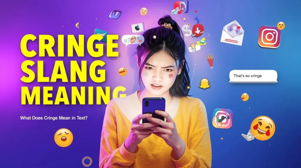 Person looking embarrassed while reading a phone message that says “That’s so cringe,” with social media icons and bold text “Cringe Slang Meaning – What Does Cringe Mean in Text?”.