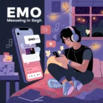 Illustrated featured image showing a person wearing headphones and listening to emotional music while using a smartphone, with chat bubbles and heart icons representing the slang meaning of “emo” in texting and social media conversations.