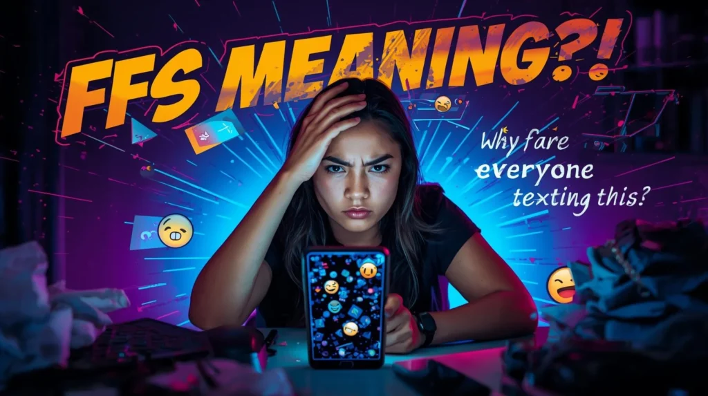Frustrated young woman holding her head while looking at a smartphone filled with emoji reactions, surrounded by neon social media graphics and bold text “FFS MEANING?!” representing confusion about the slang term FFS in online texting.