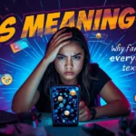 Frustrated young woman holding her head while looking at a smartphone filled with emoji reactions, surrounded by neon social media graphics and bold text “FFS MEANING?!” representing confusion about the slang term FFS in online texting.