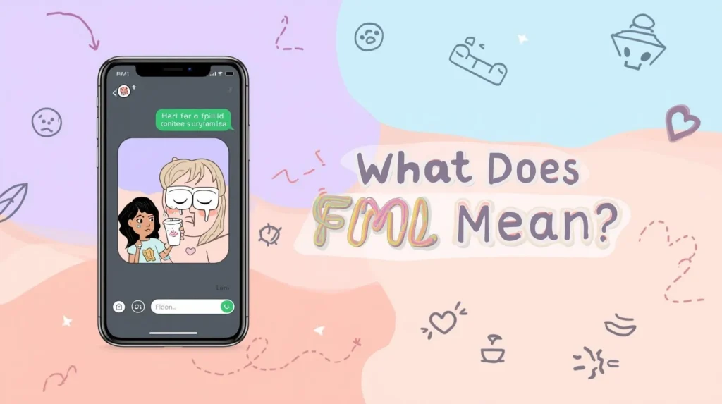 Smartphone showing a chat with a frustrated message and illustration, set on a soft pastel background with doodles and the text “What Does FML Mean?” in a playful, modern style.