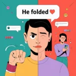Split-style illustration showing a confident person on one side and the same person looking nervous and backing down on the other, with chat bubbles and reaction emojis representing the slang meaning of “folded” in texting and social media conversations.