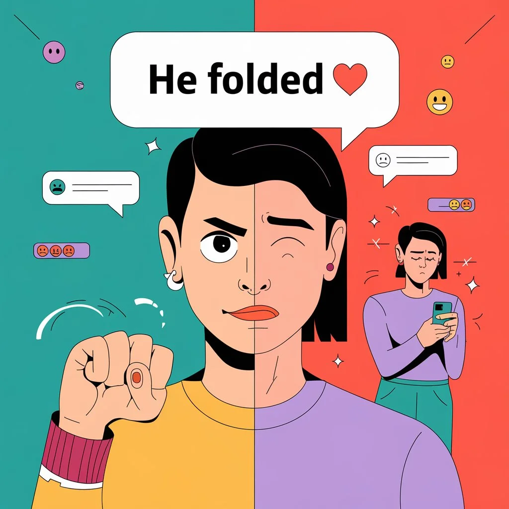Split-style illustration showing a confident person on one side and the same person looking nervous and backing down on the other, with chat bubbles and reaction emojis representing the slang meaning of “folded” in texting and social media conversations.