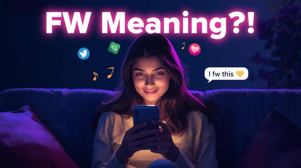 Young woman sitting on a couch at night smiling at her smartphone with neon lighting, bold text “FW Meaning?!” above her, and a chat bubble saying “I fw this,” surrounded by social media icons and music notes representing modern texting slang.