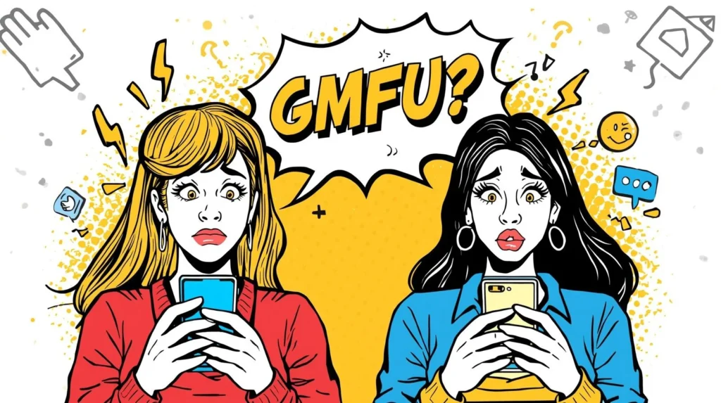 Comic-style featured image for “What Does GMFU Mean in Slang?” showing a frustrated person texting on a smartphone with a large “GMFU?” chat bubble and colorful comic elements symbolizing shock and disbelief in online conversations.