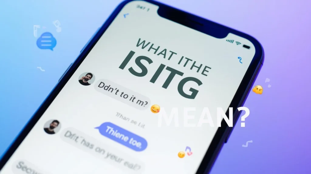 Smartphone displaying a chat conversation with the text “ISTG” and the heading “What Does ISTG Mean?” on a blue gradient background with messaging icons and emojis.