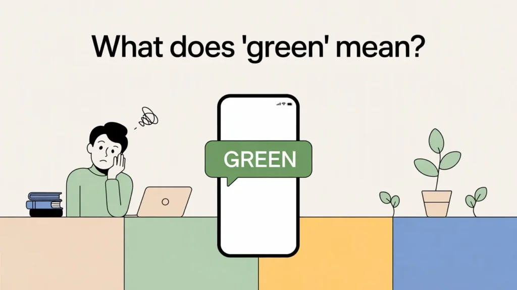 Split-style image showing a beginner-looking person in a home setting with a “GREEN” label, alongside simple icons of a confused character and a plant, representing the slang meaning of being inexperienced and the eco-friendly concept.