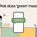 Split-style image showing a beginner-looking person in a home setting with a “GREEN” label, alongside simple icons of a confused character and a plant, representing the slang meaning of being inexperienced and the eco-friendly concept.
