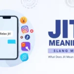 Illustration of a smartphone displaying the message “Relax jit!” surrounded by emojis and social media icons, next to bold text “JIT Meaning Slang” and the caption “What Does Jit Mean in Text?”.