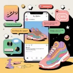 Illustration of a smartphone showing a social media post of sneakers labeled “NFS,” with chat bubbles asking if they are for sale, representing the slang meaning of NFS in texting and social media.