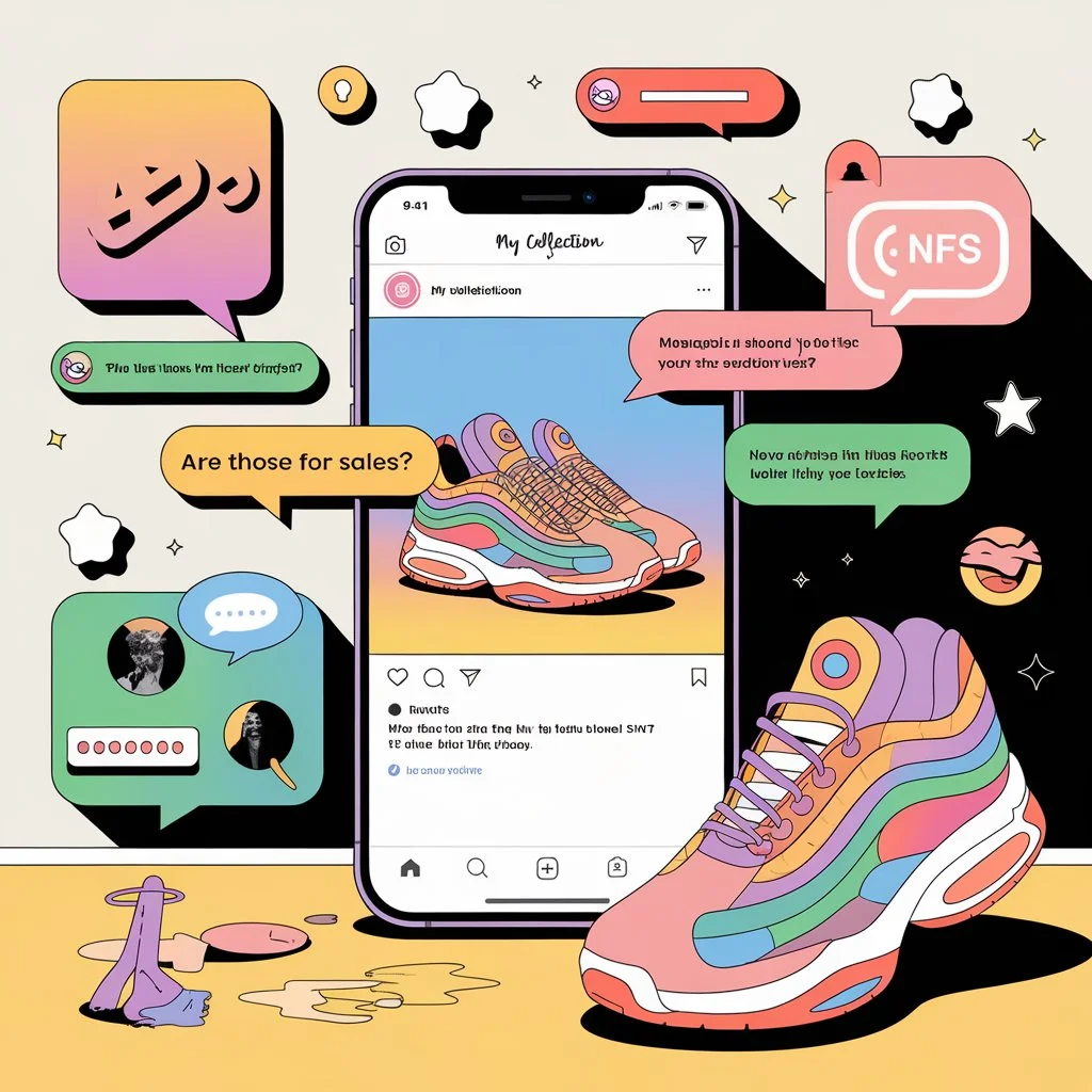 Illustration of a smartphone showing a social media post of sneakers labeled “NFS,” with chat bubbles asking if they are for sale, representing the slang meaning of NFS in texting and social media.