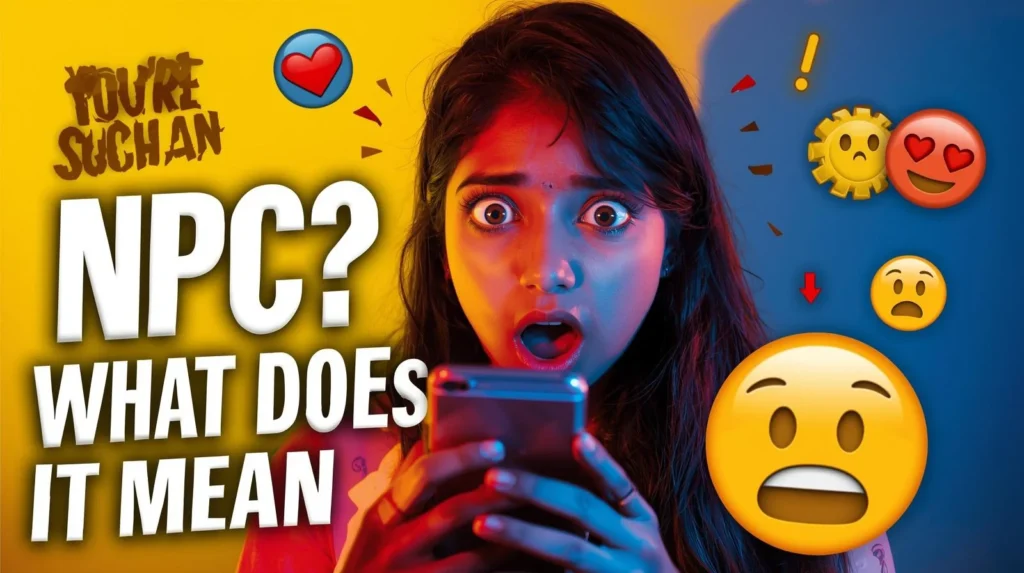 Shocked young woman looking at her smartphone with bold text “NPC? What Does It Mean” and colorful emojis, representing confusion about the slang term NPC in online chat.
