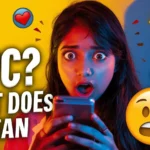Shocked young woman looking at her smartphone with bold text “NPC? What Does It Mean” and colorful emojis, representing confusion about the slang term NPC in online chat.