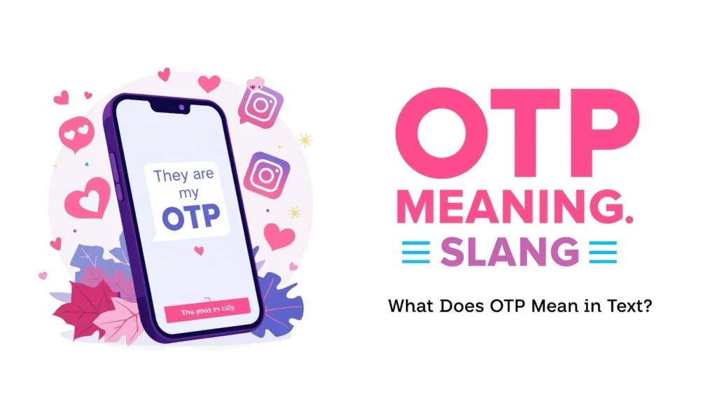 Illustration of a smartphone displaying the message “They are my OTP” surrounded by hearts and social media icons, next to bold text “OTP Meaning Slang” and the caption “What Does OTP Mean in Text?”.