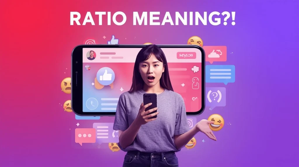 Surprised young woman holding a smartphone with a large social media screen behind her showing reactions, comments, and few likes, with bold text “RATIO MEANING?!” on a colorful gradient background representing online slang about unpopular posts.