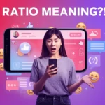 Surprised young woman holding a smartphone with a large social media screen behind her showing reactions, comments, and few likes, with bold text “RATIO MEANING?!” on a colorful gradient background representing online slang about unpopular posts.