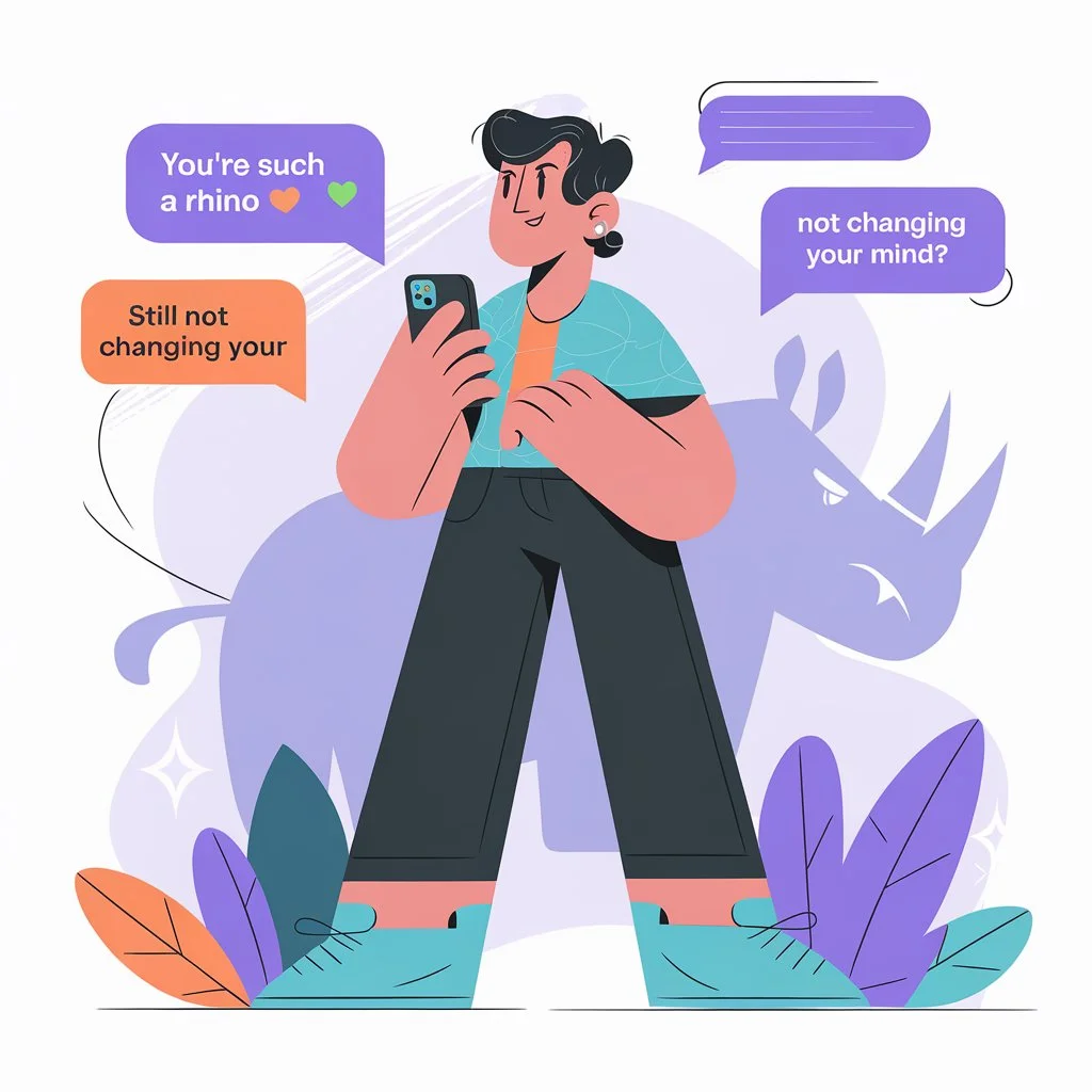 Illustration of a confident person holding a smartphone with chat bubbles saying “You’re such a rhino,” with a subtle rhino silhouette in the background representing stubborn or strong-willed behavior in texting slang.