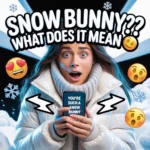 Person in winter clothing holding a phone displaying “You’re” with snowflake icons and arrows, representing the slang term “snow bunny” and its meaning in texting and social media.