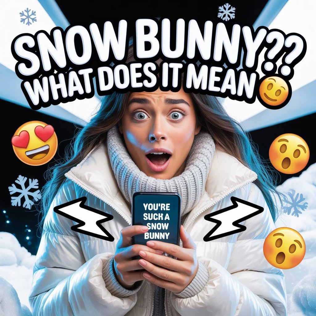 Person in winter clothing holding a phone displaying “You’re” with snowflake icons and arrows, representing the slang term “snow bunny” and its meaning in texting and social media.