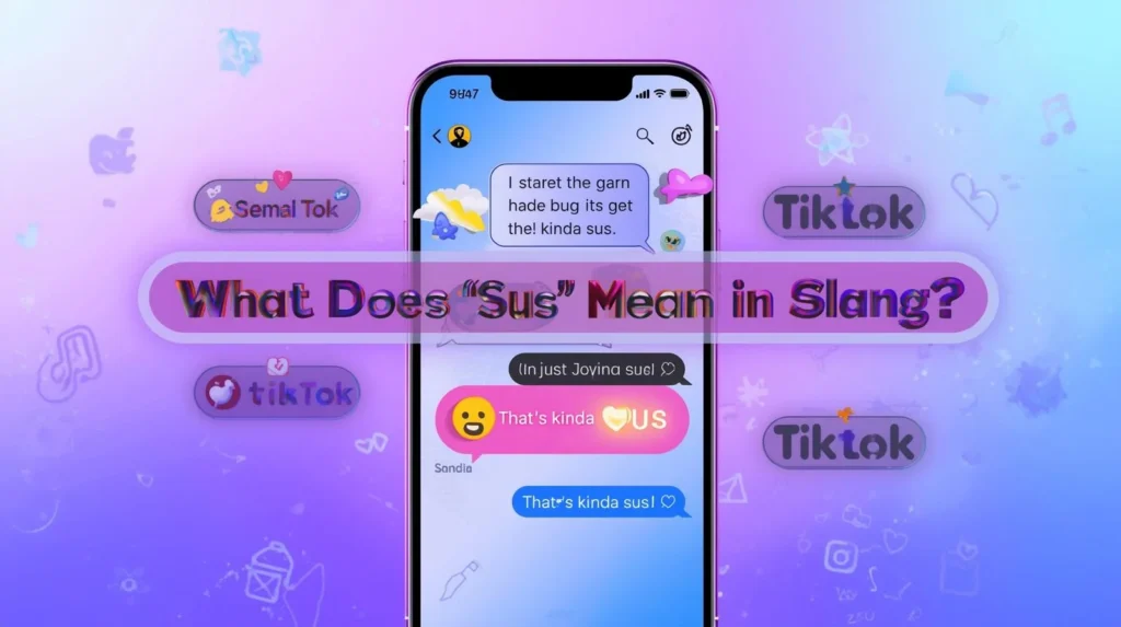 Smartphone displaying a chat conversation with the phrase “That’s kinda sus” highlighted, set against a colorful gradient background with social media icons and the title “What Does ‘Sus’ Mean in Slang?”