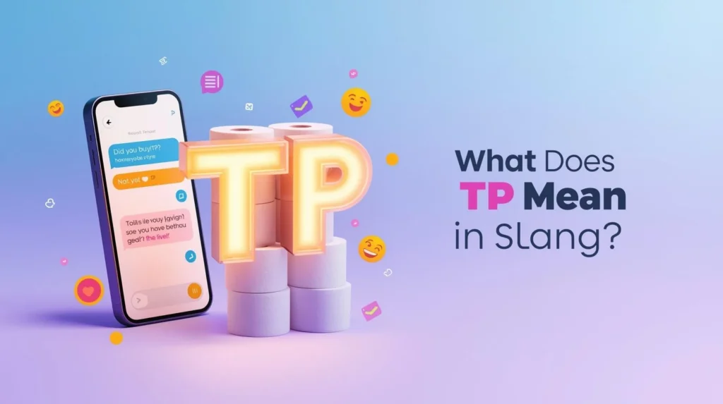 3D illustration of glowing “TP” letters made from stacked toilet paper rolls beside a smartphone showing a text conversation, with the headline “What Does TP Mean in Slang?” representing the texting slang meaning of TP.