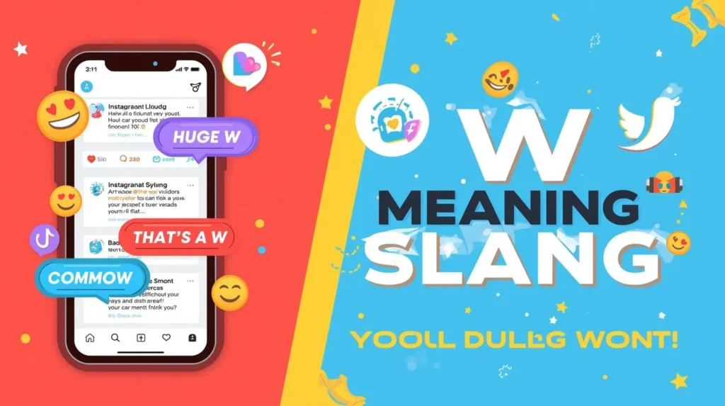 Colorful illustration showing a smartphone with social media comments like “Huge W,” “That’s a W,” and “Common W,” next to large text “W Meaning Slang,” surrounded by emojis and social media icons.