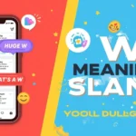 Colorful illustration showing a smartphone with social media comments like “Huge W,” “That’s a W,” and “Common W,” next to large text “W Meaning Slang,” surrounded by emojis and social media icons.