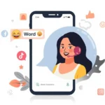 Illustration of a smartphone with a chat bubble saying “Word 😊” and emojis, surrounded by social media icons, representing the slang meaning of “word” as agreement in texting and online conversations.
