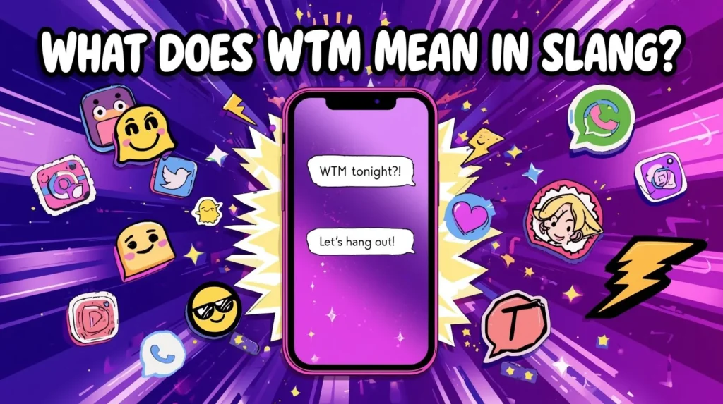 Colorful Gen Z–style illustration showing a smartphone with a text conversation “WTM tonight?” and reply “Let’s hang out!”, surrounded by emojis and social media icons, representing the meaning of WTM slang in texting.