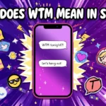 Colorful Gen Z–style illustration showing a smartphone with a text conversation “WTM tonight?” and reply “Let’s hang out!”, surrounded by emojis and social media icons, representing the meaning of WTM slang in texting.