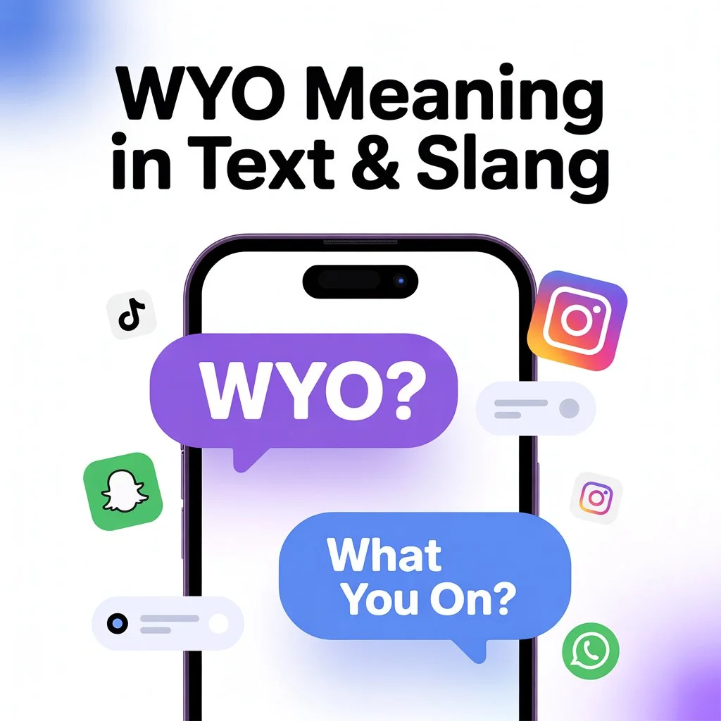 Illustration showing a smartphone chat with the message “WYO?” and the reply “What You On?” under the heading “WYO Meaning in Text & Slang,” with social media icons like TikTok, Instagram, Snapchat, and WhatsApp around the phone.